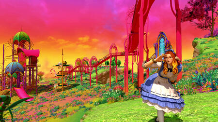 Lucy the small ginger Au Ra surveys a Wonderland-like landscape while dressed as Alice