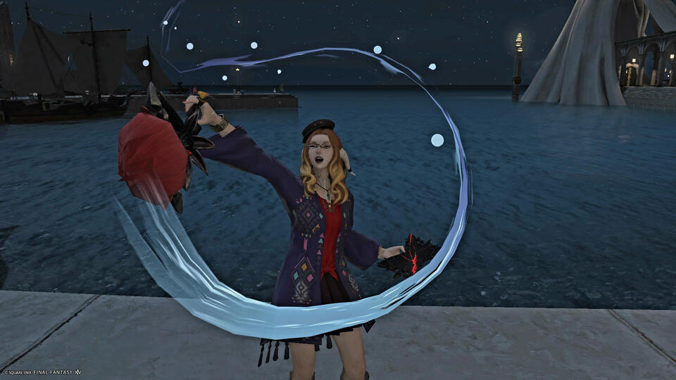 Lucy the small ginger Au Ra swooshes paint in the air on the Old Sharlayan docks