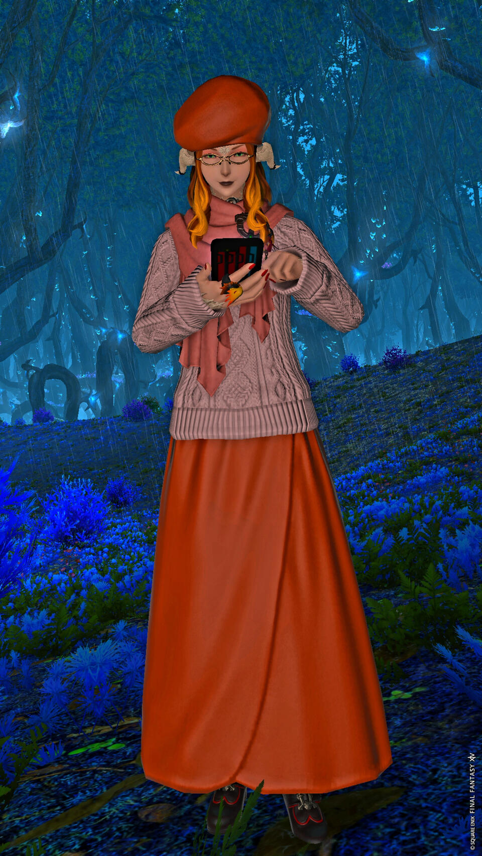 Lucy the small ginger Au Ra swipes at her tomestone while standing in a blue forest