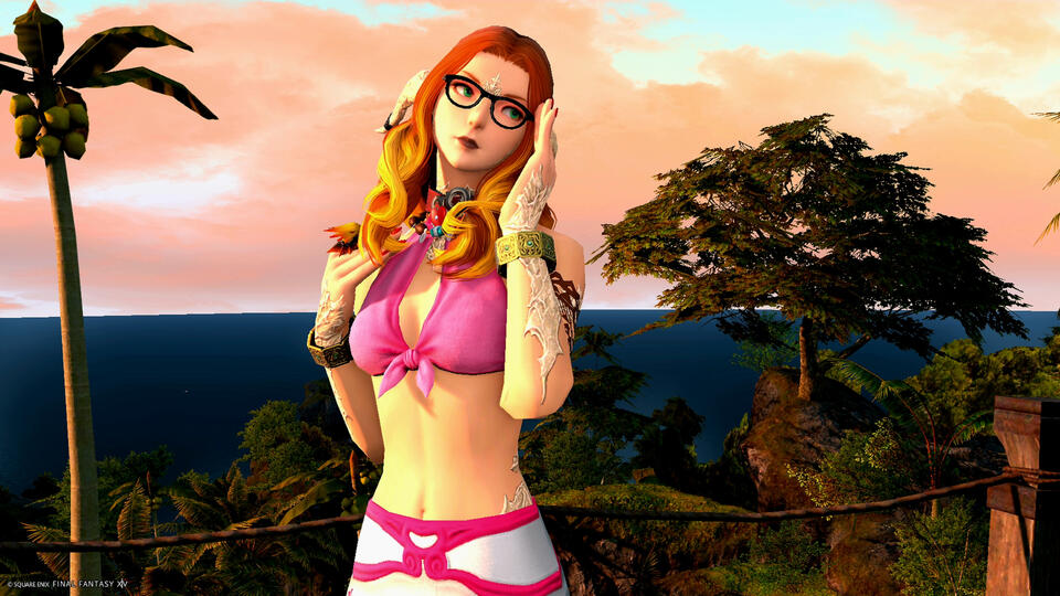 Lucy the small ginger Au Ra poses in front of a tropical sunset